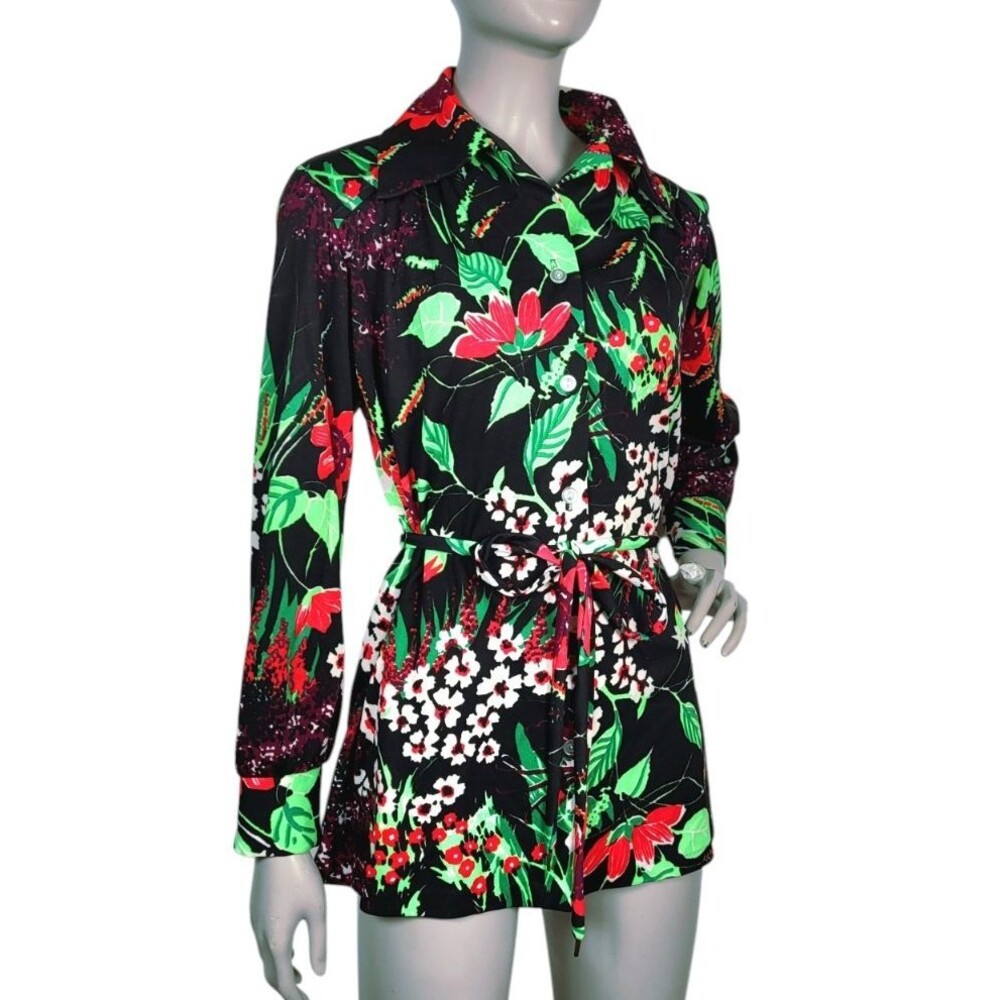 Vtg 60s Montgomery Ward Electric Floral Dagger Collar Mini Dress Belted Blouse